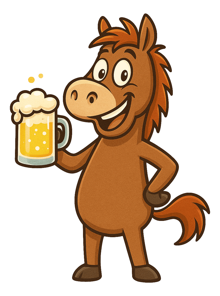 Mascotte du jeu Le Dada Alcoolique, un cheval souriant tenant une chope de bière.